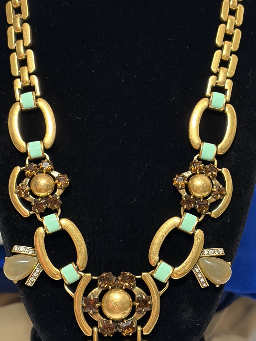 Stella & Dot Necklace Livvy Agate Green Brown Rhinestones Gold Tone Chain 24”